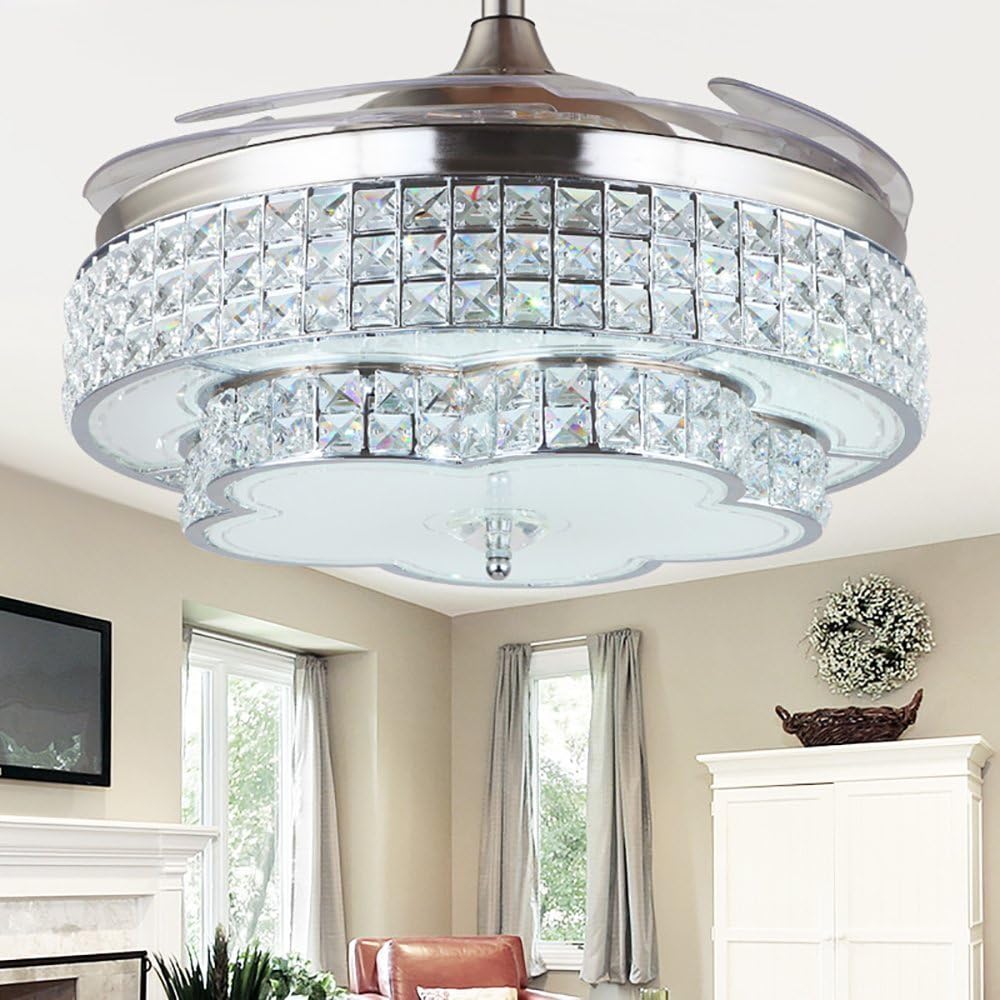 RS Lighting Invisible Mute Crystal Ceiling Fan Remote Control Chandelier Home Living Room Restaurant Dual Use Pendent lights (42-Inch, Gold)