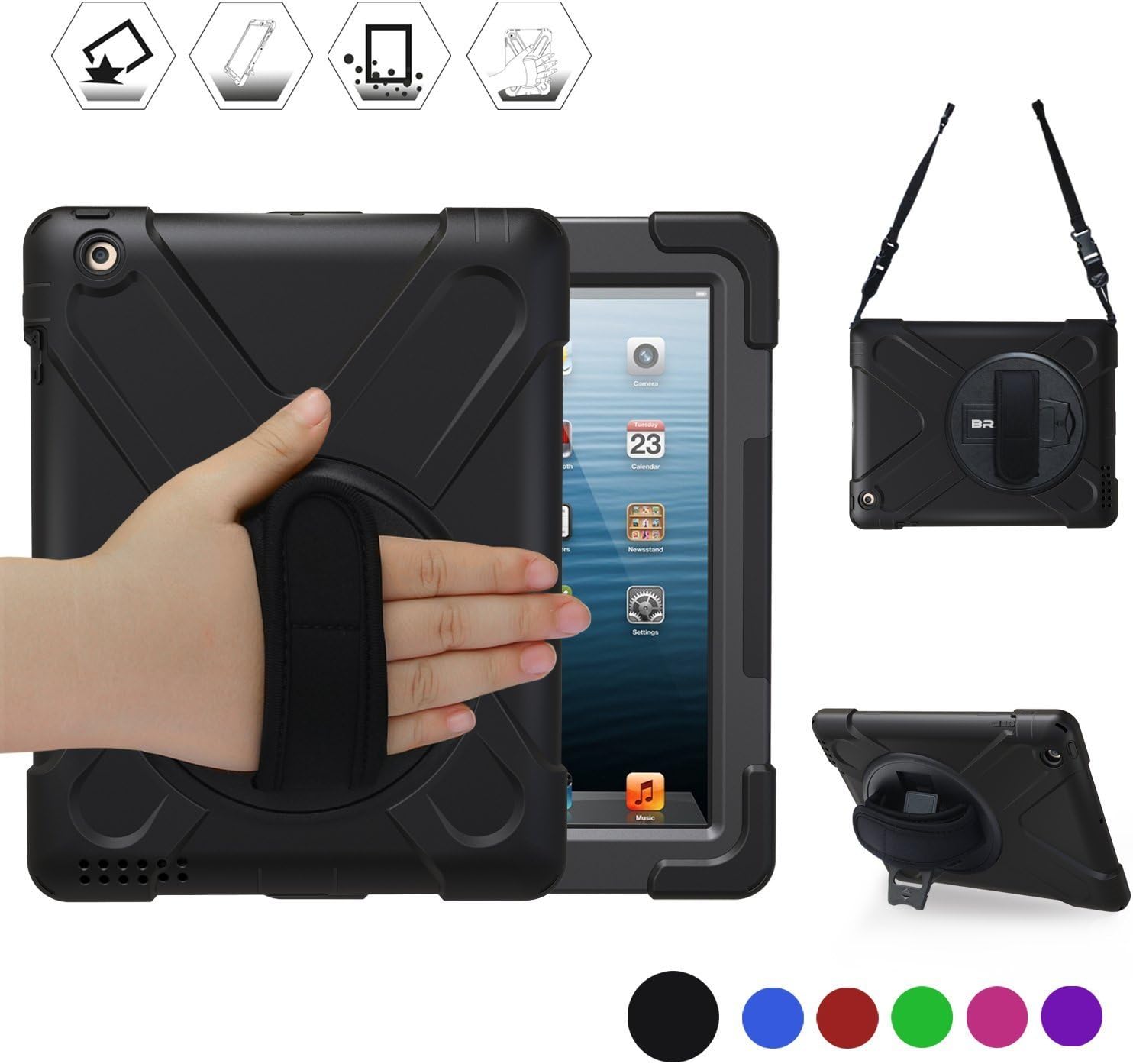 iPad 2 Case for Kids, iPad 2 3 4 Case,BRAECN[360 Degree Rotation Handle Grip] Three Layer Heavy Duty Shockproof Protective Case for iPad A1395 A1396 A1397 A1403 A1416 A1430 A1458 A1459 A1460-Black