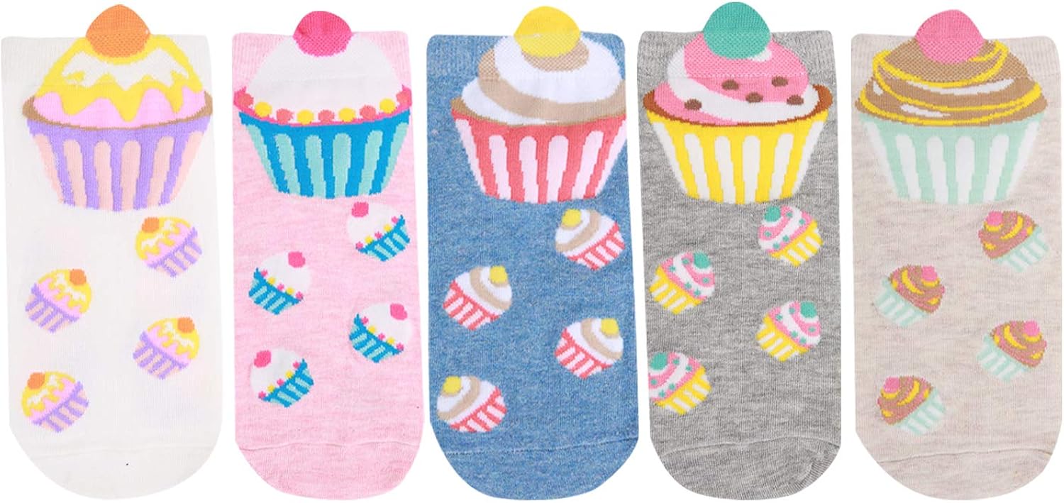 5 Pairs Women Girls Novelty Ankle Socks Cotton Cute Animal Stripe Flower Design (Multi-Cupcakes) at  Women’s Clothing store