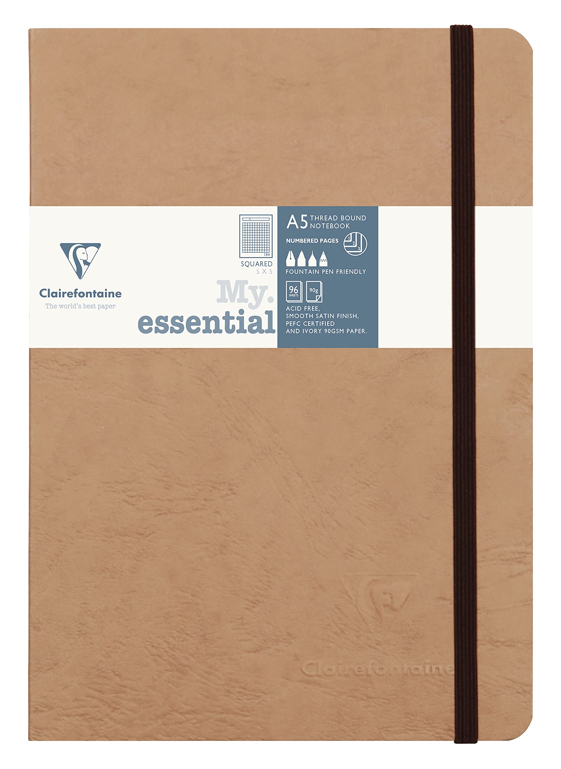 Clairefontaine 79342C Collection Age Bag MyEssential Tobacco - A5 14.8x21cm - 192 Numbered Pages Small Squares - 90 g Ivory Paper - Grain Leather Card Cover