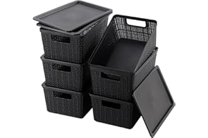 WRRLORS 6 Pack Plastic Storage Baskets With Lids,Black Breathable Stackable Storage Bins,Small Storage Containers,for Organiz