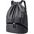 Hoedia Sports Drawstring Backpack - String Swim Gym Bag with Shoes Compartment and Wet Proof Pocket for Women and Men, Dark Grey