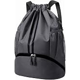 Sports Drawstring Backpack - Swim Gym Bag for Women and Men, Dark Grey | String Bag, Shoes Compartment, Wet Proof Pocket, Adjustable Wider Shoulder Strap, For Soccer, Basketball, Football