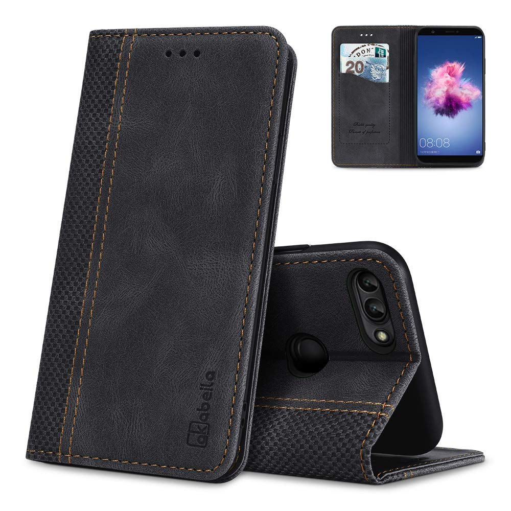 AKABEILA Case for Huawei P Smart 2018 (5.65") Premium Leather Flip Wallet Case with Magnetic Closure Kickstand Card Slots Folio Phone Cover Protective Screen Protector Holster Shell Shockproof Black