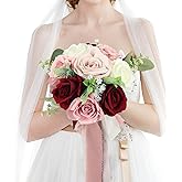 HOMENERGY Bridal Bouquets for Wedding - Artificial Flower Bouquets for Bride Pre-Made Roses Bouquets for Vintage Wedding or Centerpieces Decoration - Blush & Burgundy & White