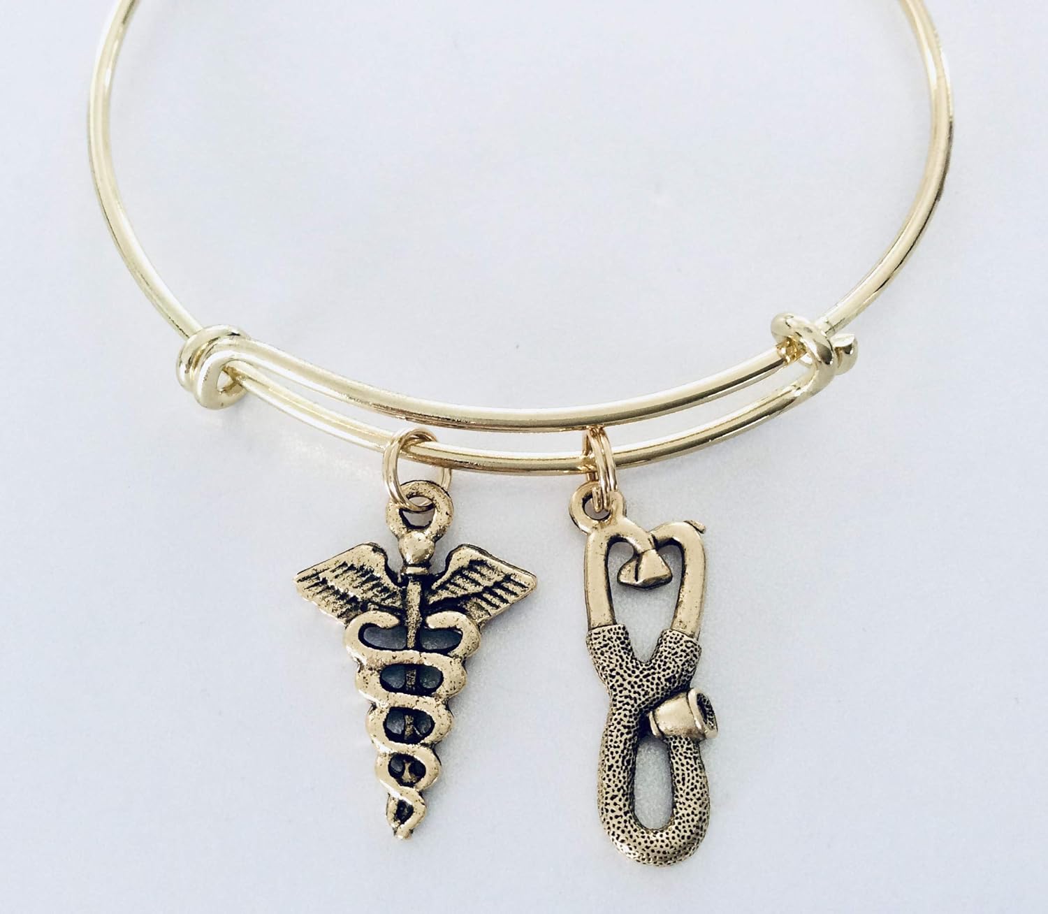 Gold Stethoscope and Caduceus Charm Gold Expandable Charm Bracelet Double Sided