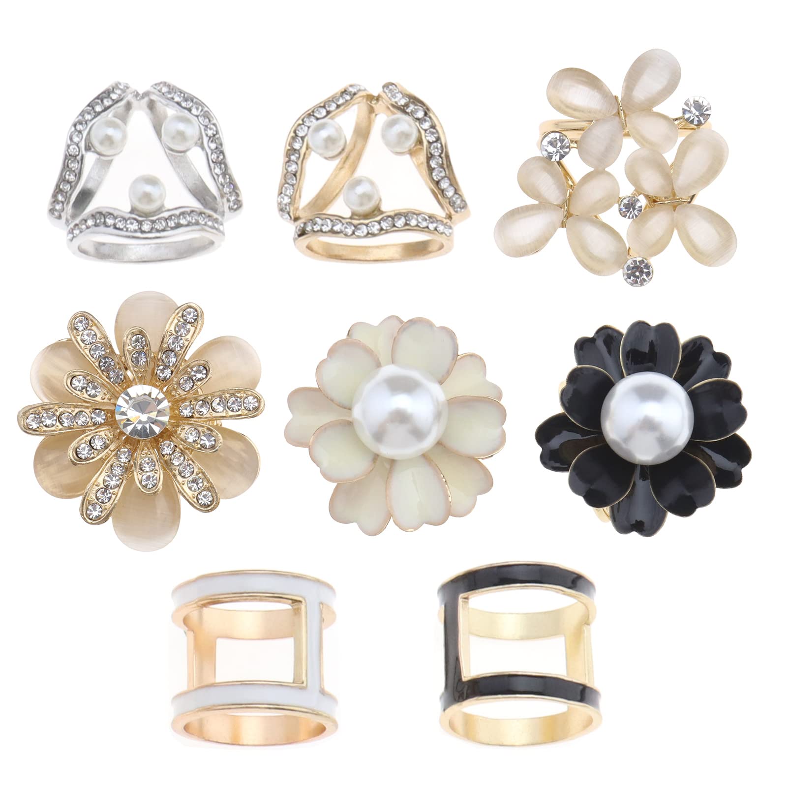 eMagTech 8PCS Rhinestone Scarf Buckle Pearl Neckerchief Holder Ring Silk Scarf Clasp Blouse Clip Wrap Clamp Shawl Holder Clothes Decoration Supplies for Women