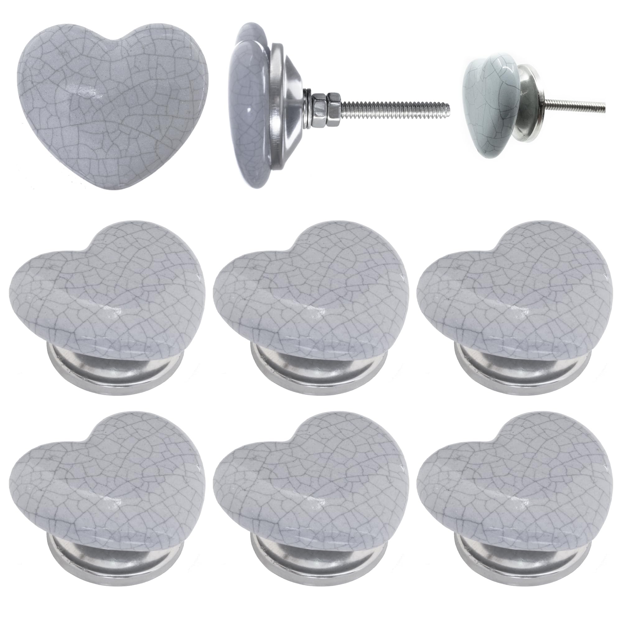 ETHNICITI Pack of 6 Heart Grey Crackle 40mm Ceramic Door Knobs Vintage Shabby Chic, Wardrobe Cabinet Cupboard Drawer Interior Furniture Pulls Handles Bedroom Dresser Lounge Kitchen