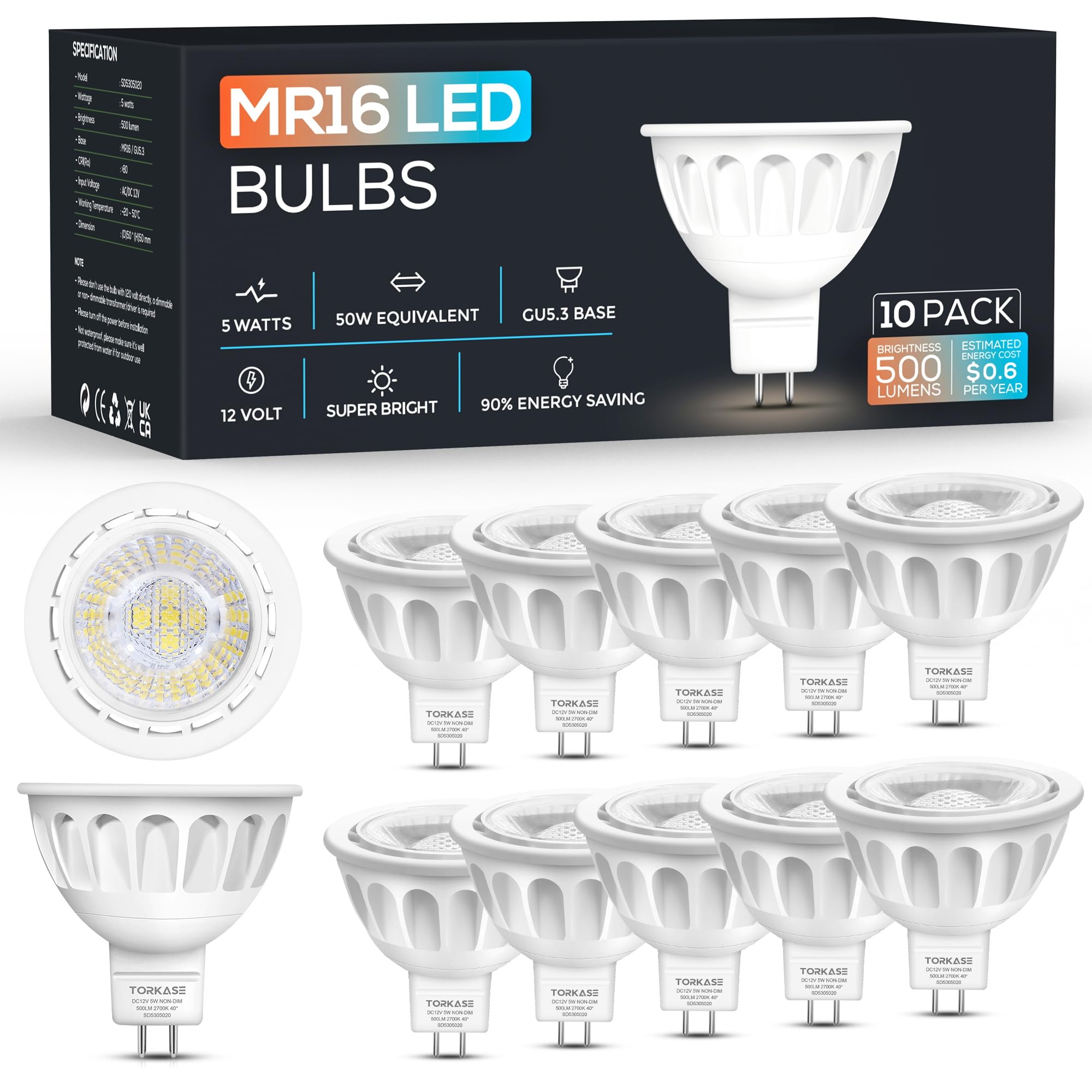 Torkase 10 Pack MR16 LED Light Bulbs, 12-Volt, 40-Degree Spot Light with GU5.3 Base, 5-Watt (50-Watt Equivalent), 500 Lumen, 2700K Warm White, LED Recessed Track Spotlight Bulbs, Non-Dimmable