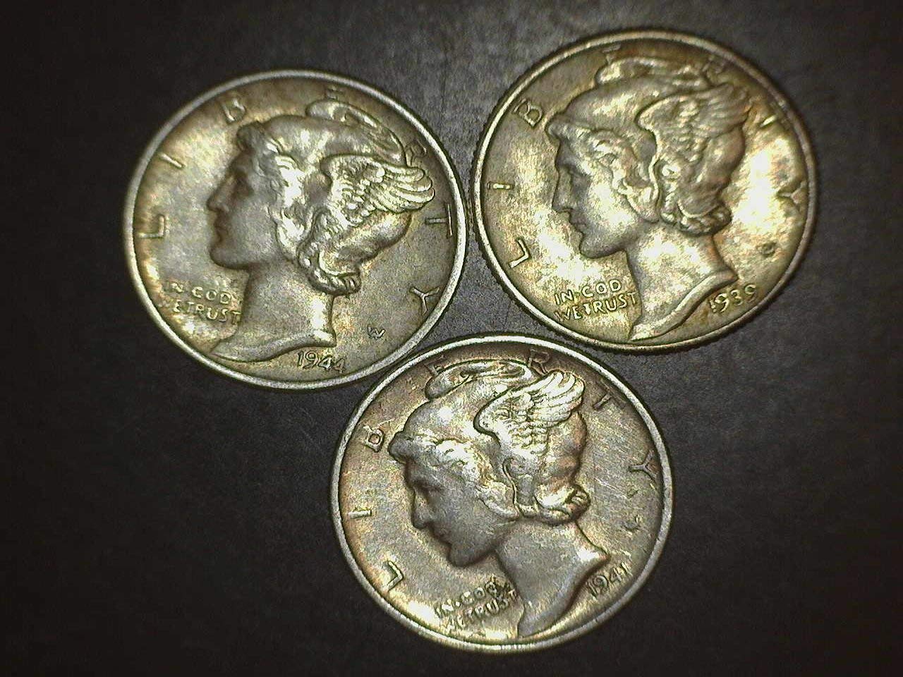 1939 1941 1944 Mercury Dimes - Set of 3 Coins - 10c AU/BU US Mint