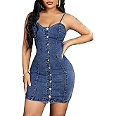 Floerns Women's Adjustable Spaghetti Strap Button Up Mini Denim Bodycon Dress