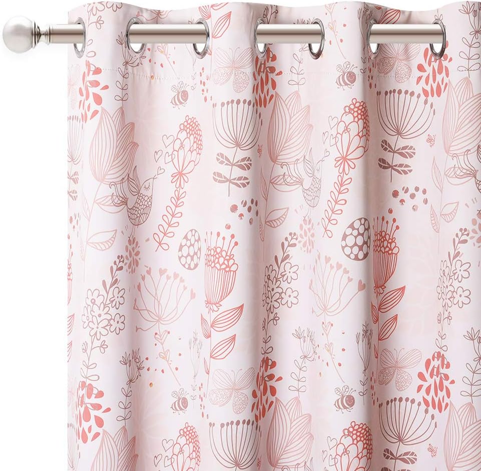 KGORGE Floral Curtains Blackout, Printed Window Treatment Curtains for Kids Room/Farmhouse, Grommet Top Light Block Thermal Insulated Curtan Panels, W 52 x L 95, Pink, 2 Pcs