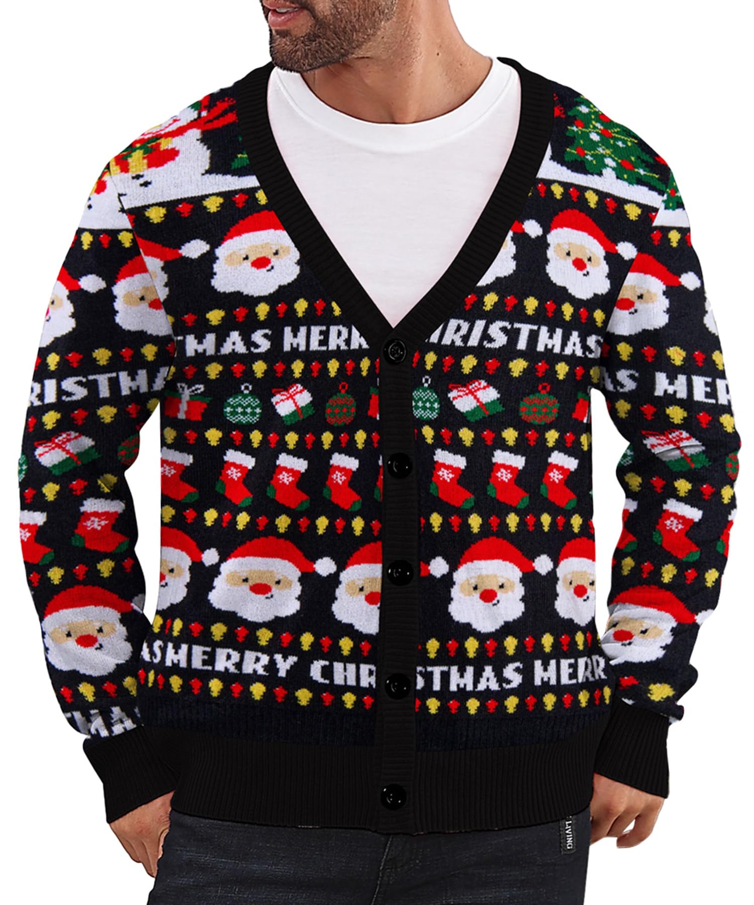 Photo 1 of ZenGents Ugly Christmas Sweater Men 2024 Jumper Reindeer Knit Cardigan Black Long Sleeve Santa Snow V Neck Xmas Office Gifts Holiday Party 2XL