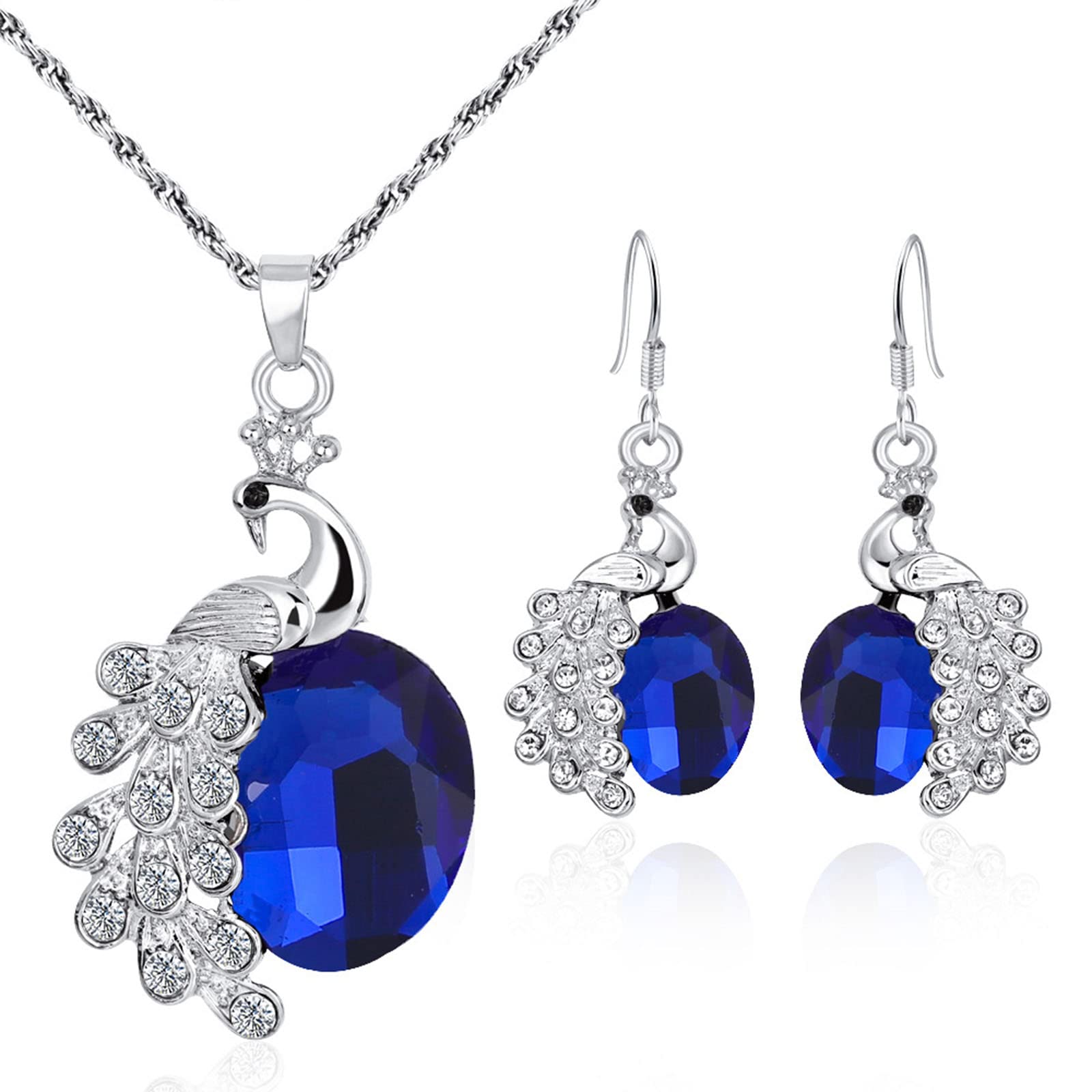Yienate Fashion Silver Peacock Sapphire Crystal Pendant Necklace Earrings Peacock Necklace Earrings Set 2Pcs Sapphire Crystal Jewellery Gifts for Women and Girls