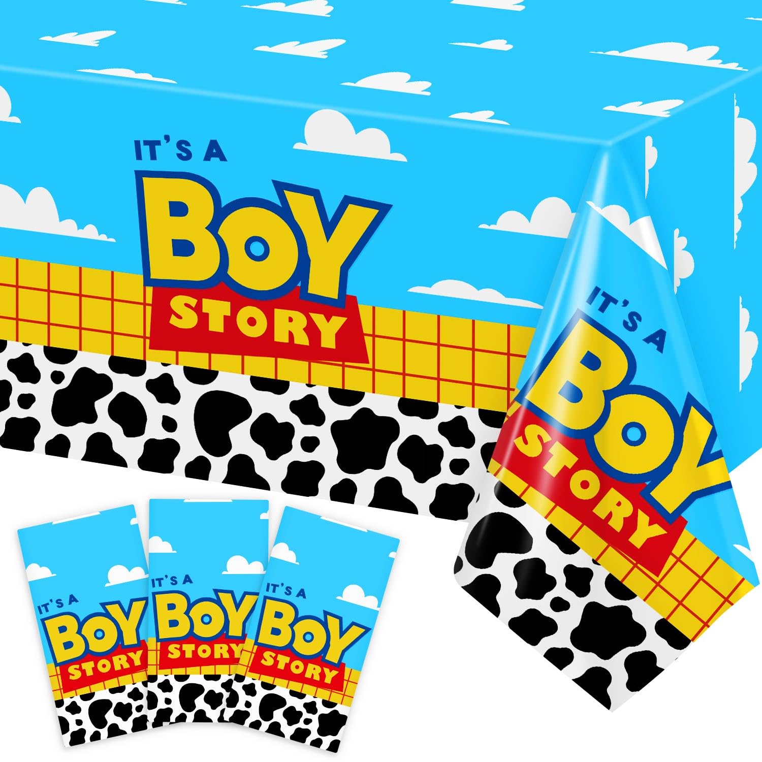 Photo 1 of Heboland 3 Pieces Cartoon Toy Baby Shower Decorations Tablecloth, It's A Boy Story Baby Shower Decorations Large Size 54 x 108 Inch Rectangular Plastic Table Cloth