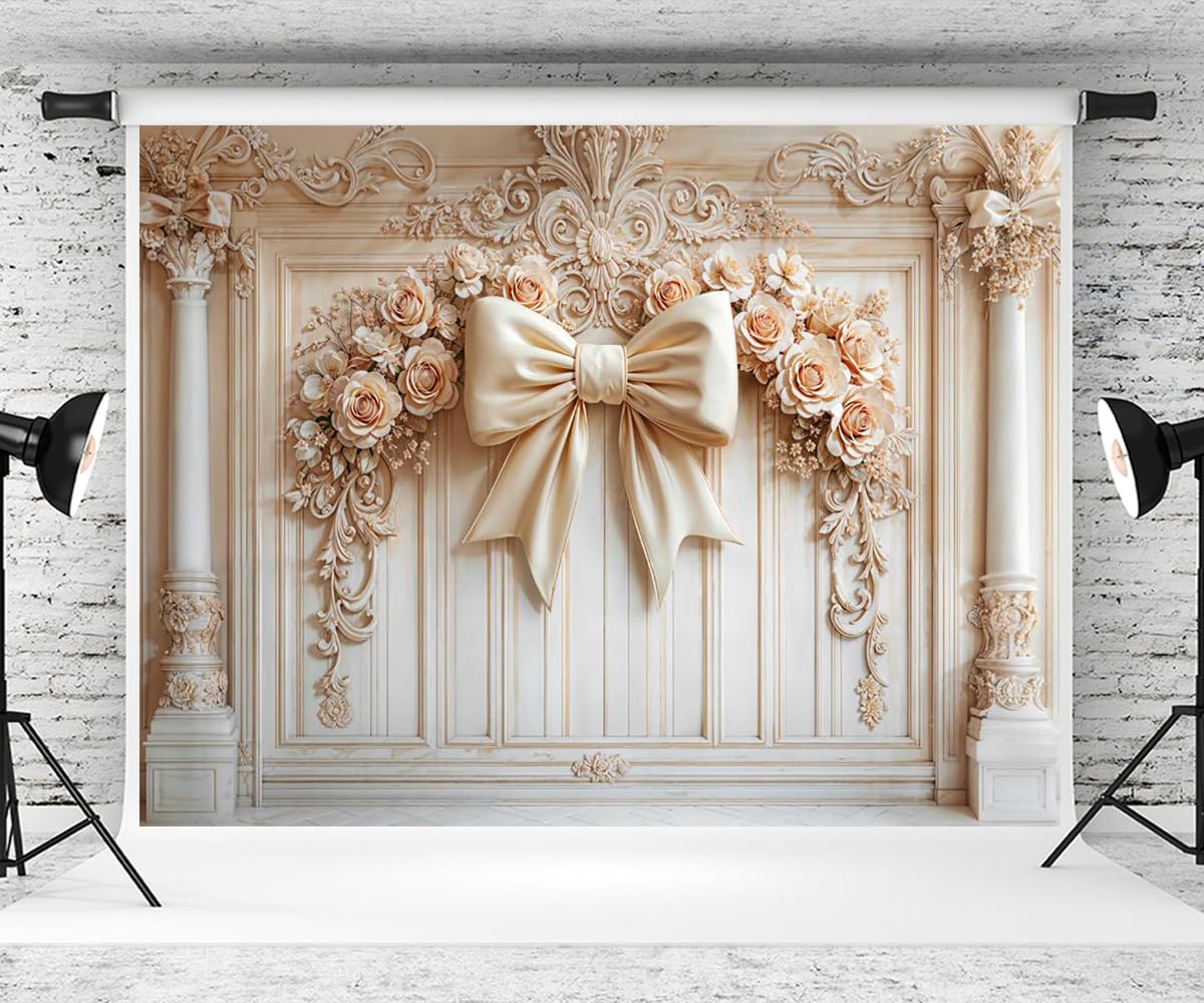 Photo 1 of Kate 7×5ft Beige Wall Backdrop Photography Bow Flower Roman Column Girl Birthday Party Bat Mitzvah Wedding Maternal Portrait Background Photography Studio Props Photos Videos