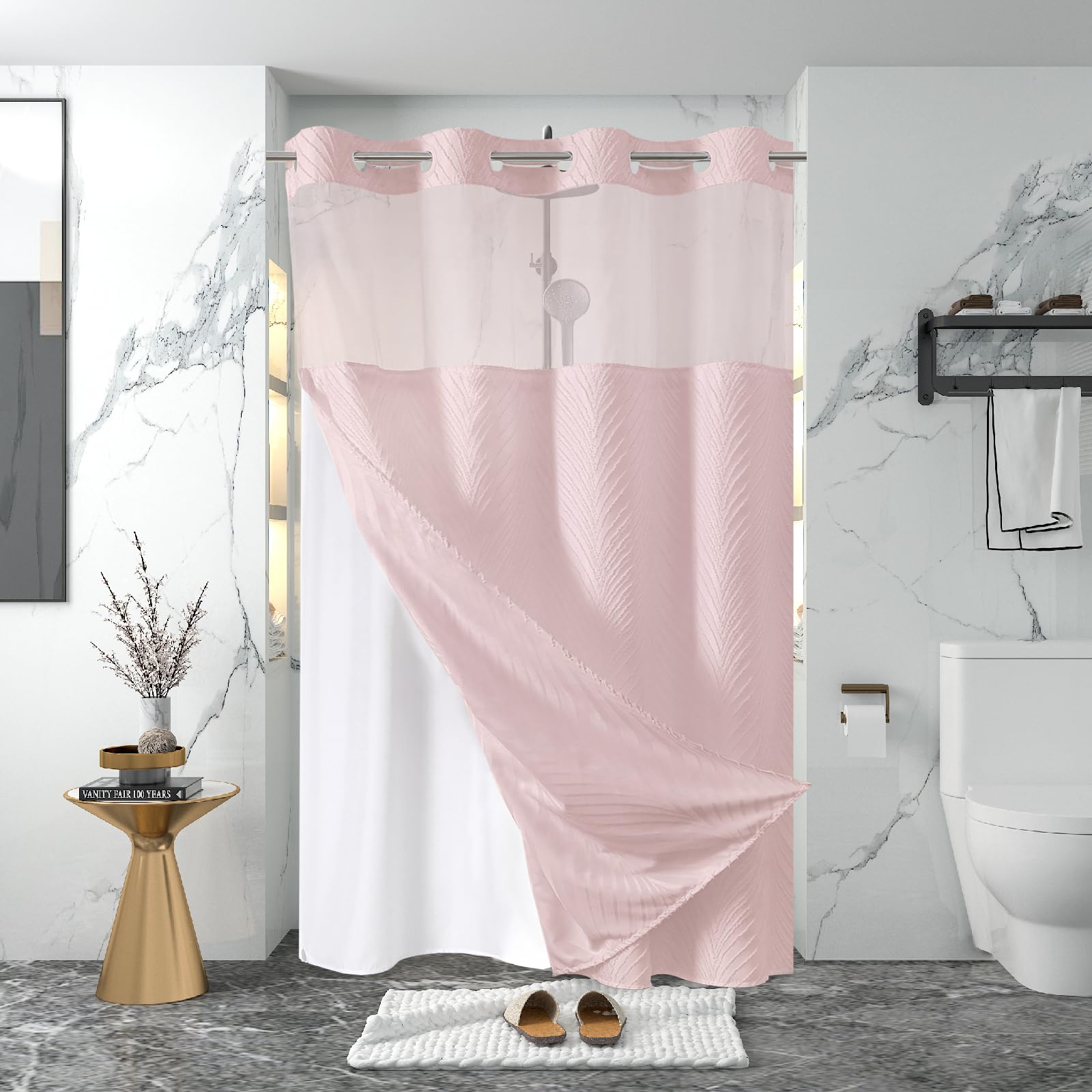 Photo 1 of **STOCK PHOTO** eachope stall no Hook Tufted Shower Curtain with snap in Liner Set, White Waterproof Fabric Inner Liner,Boho Style Shower Curtain with See Through top Window, Light Pink, 54Wx80H