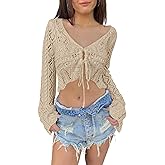 Saodimallsu Womens Crochet Crop Tops Tie Front Bell Long Sleeve Cardigan V Neck Lightweight Knit Shrug Sweaters