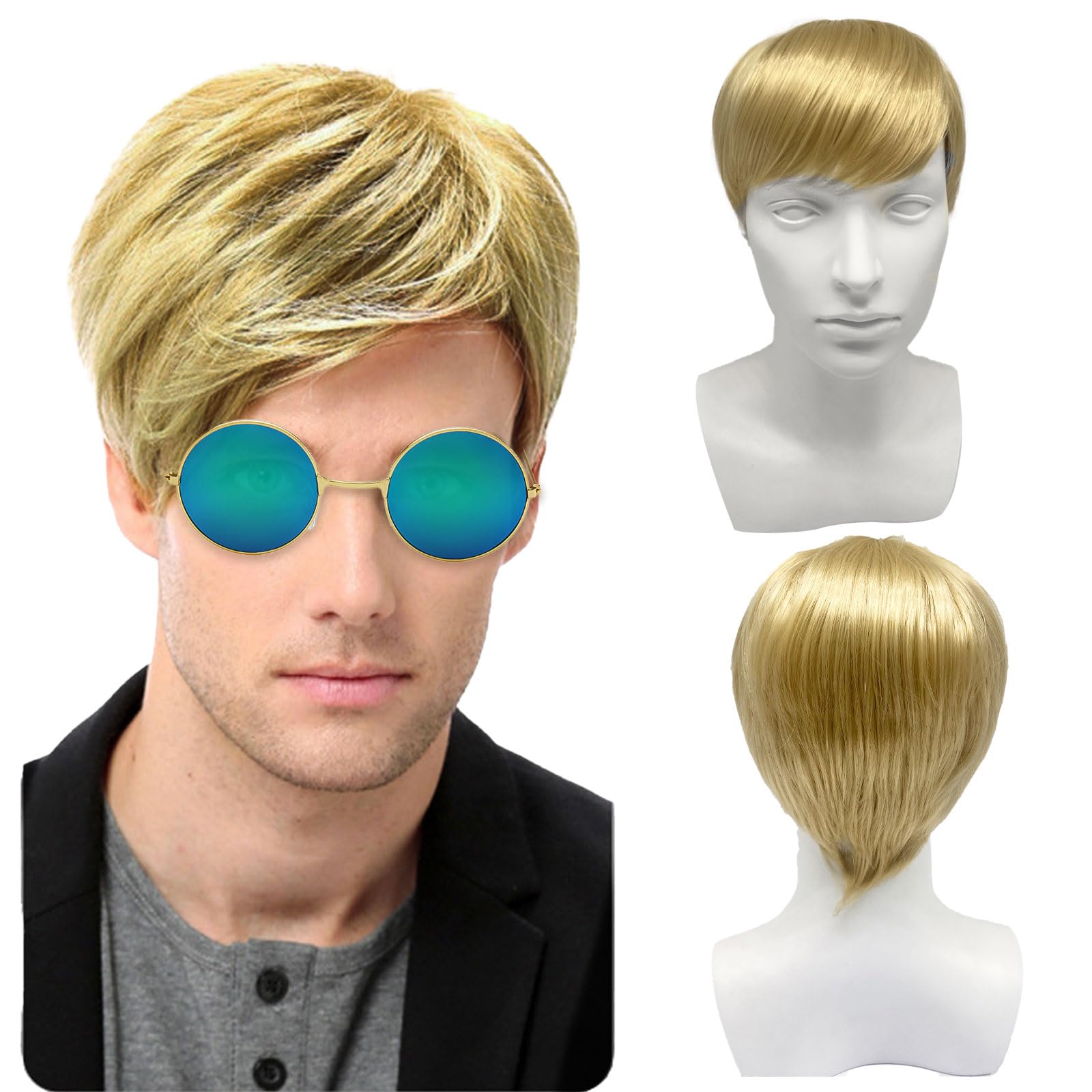 UILYNIU Mens Short Blonde Wig, Natural Layered Synthetic Cosplay Hair Wig, Men Wig Adult Fancy Dress Short Wigs 60s 70s 80s Disco Short Curly Fluffy Anime Costume Wigs Daily Use Wigs (Blonde)