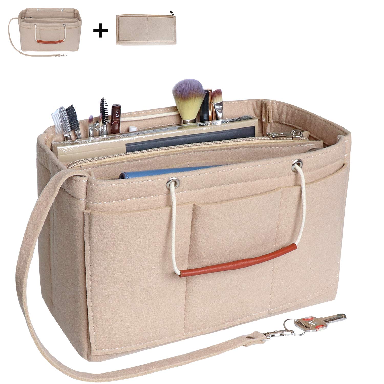 Soyizom Felt Bag Organiser Insert Handbag for Women,Travel Makeup Handbag Organiser Insert Bag Liner for Tote with Handles Keychain(Medium,beige)