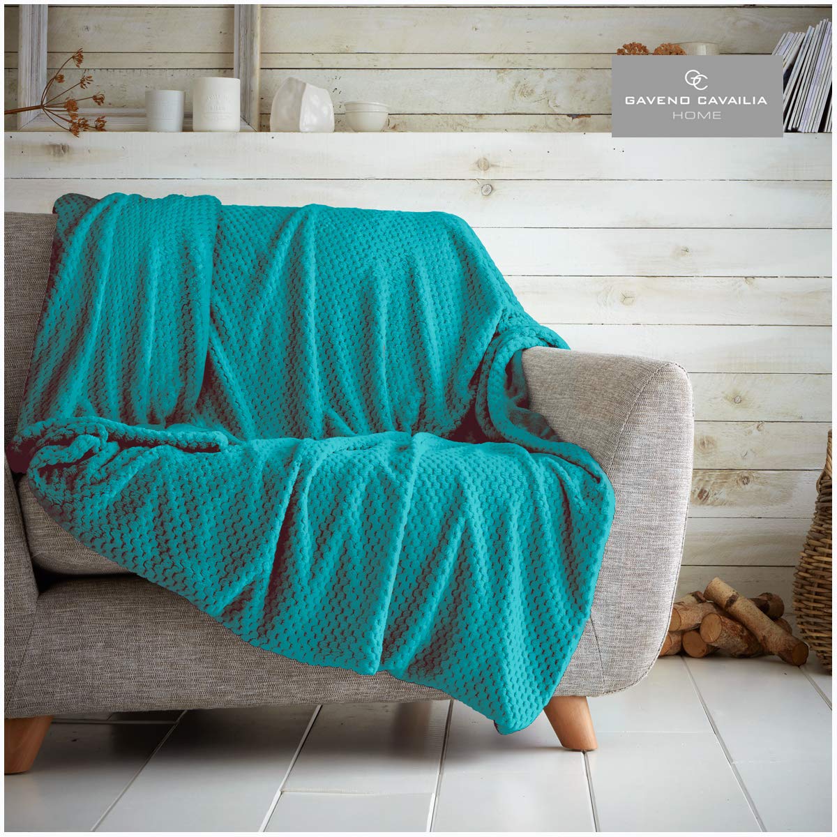 GC GAVENO CAVAILIA Gaveno Cavailia Popcorn Honey Comb Sofa Bed Blanket, Super Soft Fluffy Easy Care Lightweight Luxury Design, Cosy Warm Settee Waffle King (200x240 Cm), Aqua-Throw