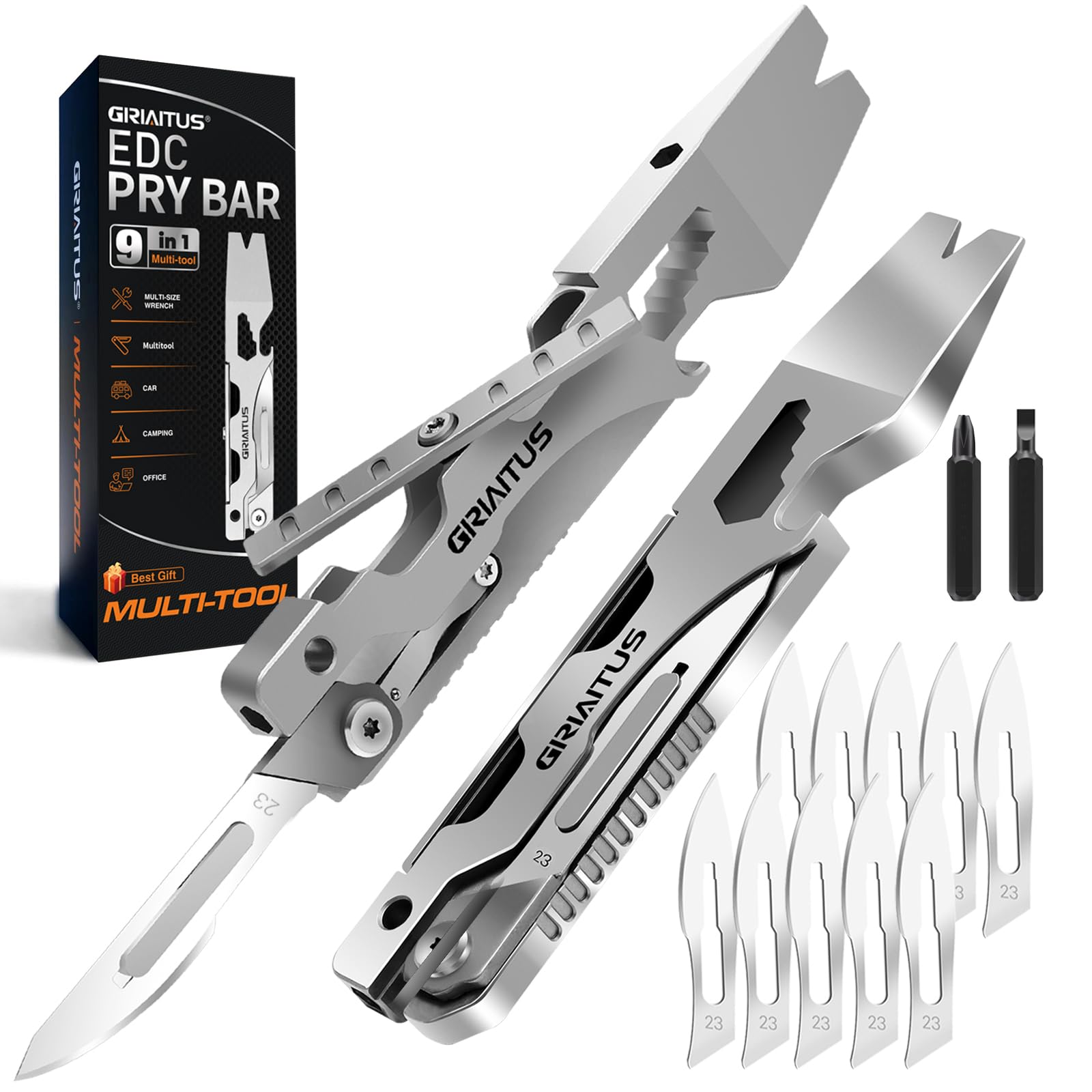 Photo 1 of Multitool Pry Tool with Small Pocket Knife EDC Pry Bar Bottle Opener Nail Puller, Versatile Crowbar with Box Cutter Blade, Hex Wrench, Screwdriver for Lifting, EveryDay Carry, Cycling Camping