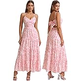 HTZMO Women Casual Summer Floral Maxi Sundress V Neck Spaghetti Strap Bow Tie Backless Flowy Boho Beach Long Dress 2026