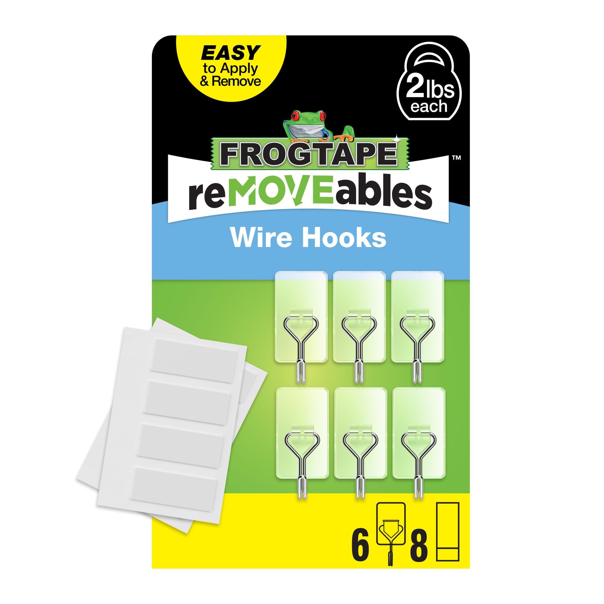Photo 1 of FrogTape reMOVEables Medium Wire Hooks - 6 Clear Hooks & 8 Adhesive Strips - Holds up to 2 lbs - Damage Free Adhesive Hook - Removable & Reusable Wall Hooks for Hanging - No Nails (Pack of 6)