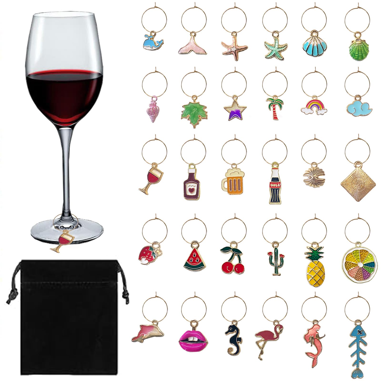 WanderGo 30 Pcs Wine Glass Charms ，Wine Glass Charms for Fun Parties, For Theme Party Cup Decoration