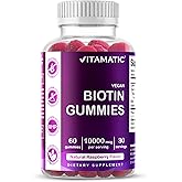 Vitamatic Biotin Gummies 10,000 mcg, 60 Vegan Gummies, Raspberry Flavor | 10000 mcg Per Serving, Natural Raspberry Flavor, Pectin Based, Non-GMO, Gluten Free, GMP Certified