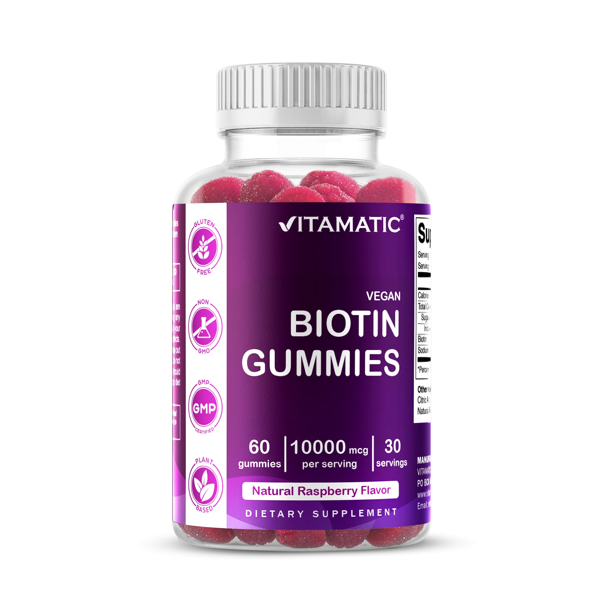 Vitamatic Biotin Gummies 10,000 mcg for Stronger Hair, Skin & Nails - 60 Vegan Gummies - Also Called Vitamin B7