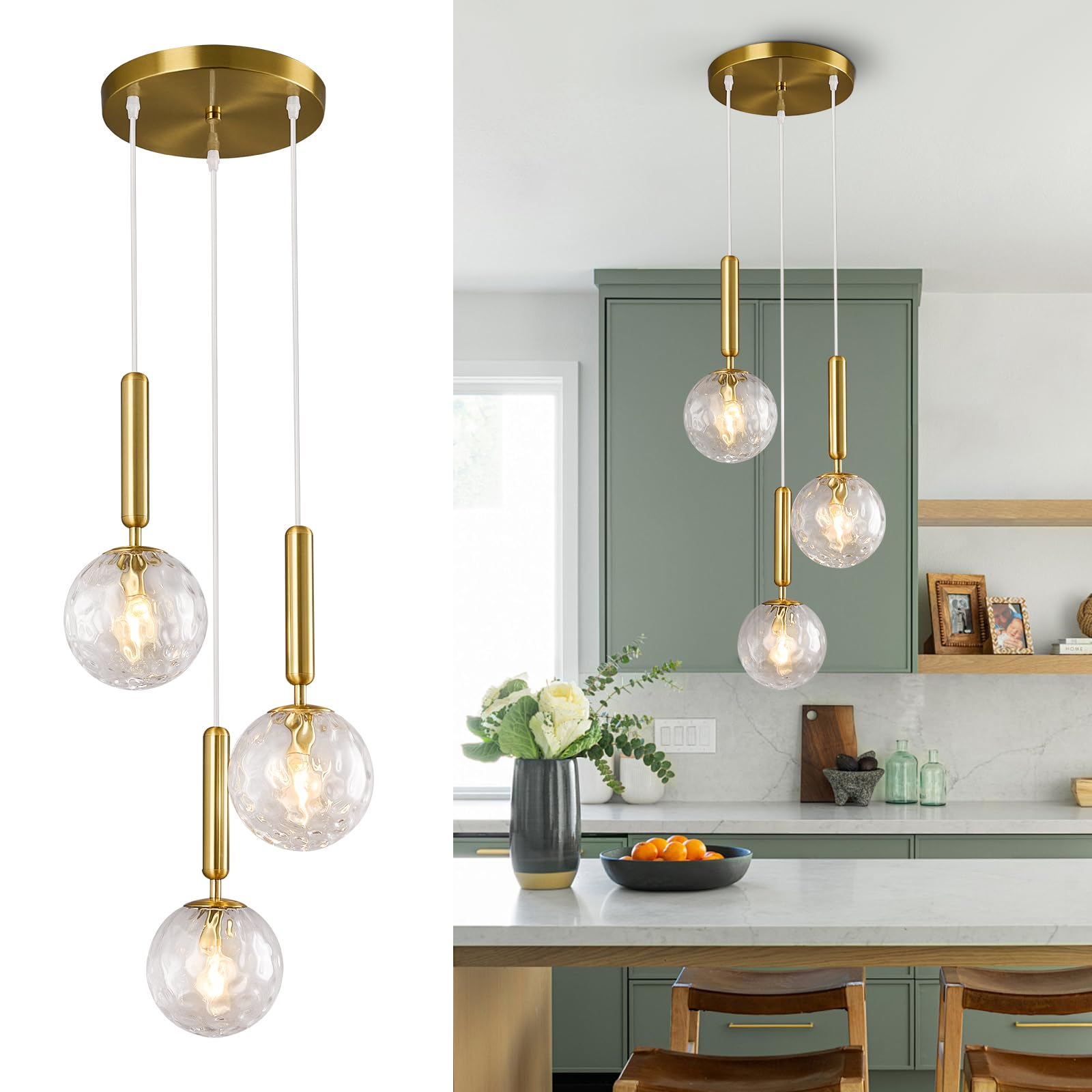Photo 1 of FDPBY Mid Century Globe Pendant Light with Clear Glass for Kitchen Island Modern Gold Finish Hanging Light Fixture Retro Round Pendant Lighting for Living Room Bedroom Entryway(3 Lights)