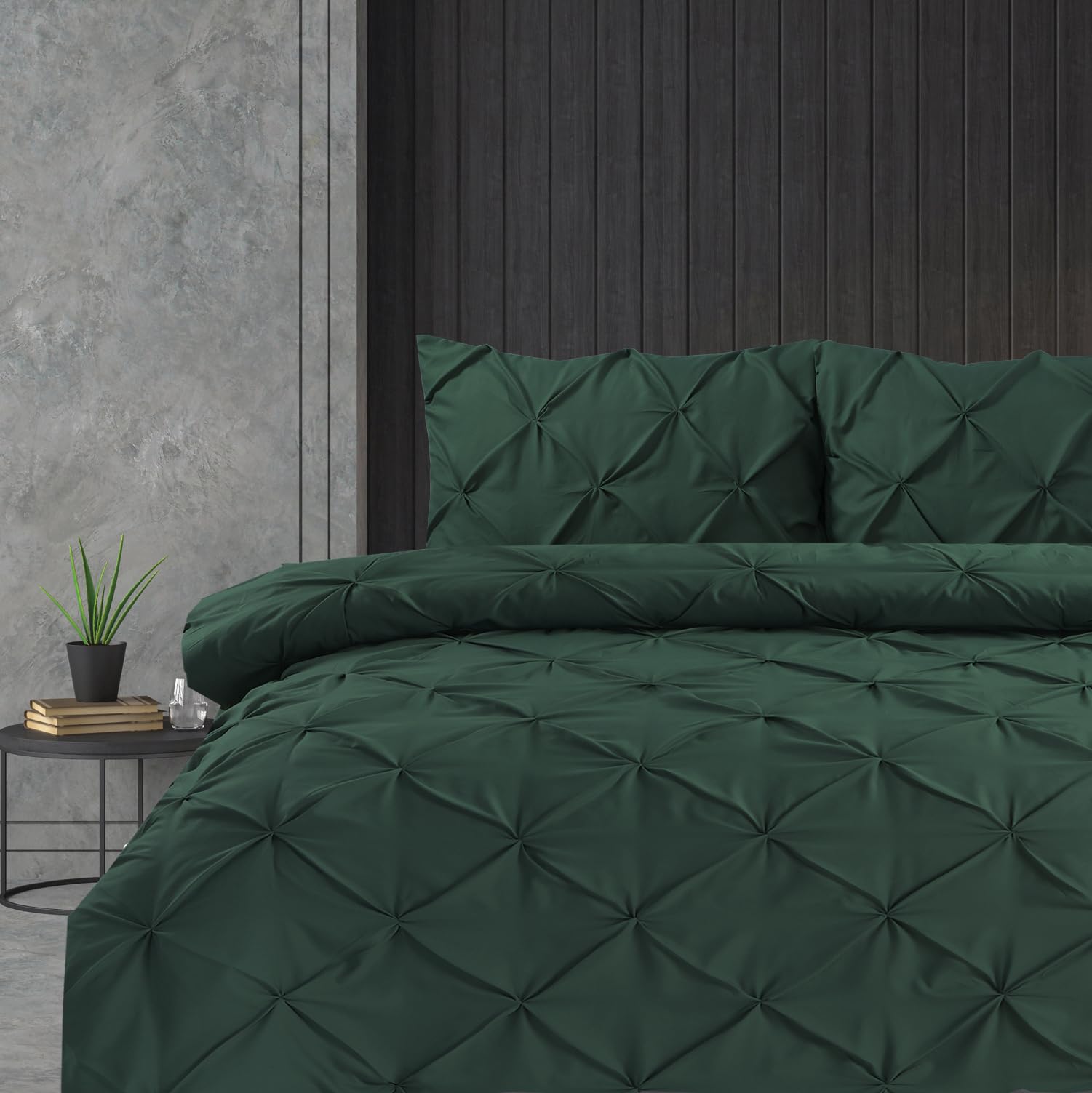 Linen Home Super King Duvet Cover Set Bottle Green Pintuck Pinch Pleat Soft Microfibre Bed Quilt Cover with 2 Pillowcases, Easy Care Wrinkle Free Bedding Set of 3 Pcs (Bottle Green, Super King) — image 1