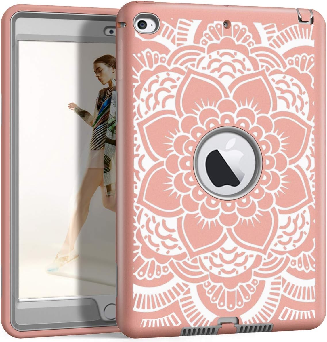 PIXIU iPad Mini 5th/ 4th Case, Three Layer Heavy Duty Rugged Defender Full Body Shockproof Protective case for iPad Mini 5/Mini 4 Flower Rose Gold/Grey