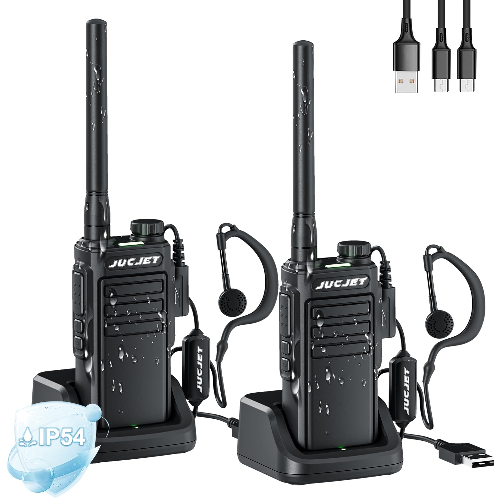 JUCJET EP-31 walkie talkie, Waterproof Walkie Talkie IP54, PMR446 License-free, 16 Channels, VOX, USB Charging BaseRechargeable Walkie Talkies(Black,2Pcs)