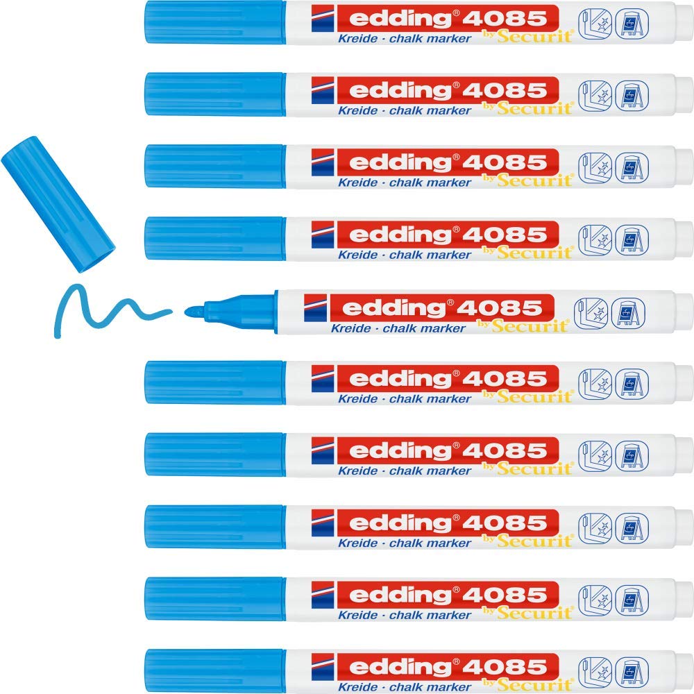 edding 4085 chalk marker - blue - 10 chalk pens - round tip 1-2 mm - fine-tipped wet wipe pen for chalkboards, windows, glass, mirrors - liquid chalk marker pens for opaque coverage