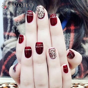 Jovono Faux Ongles Rouge Lie De Vin Rétro Avec Paillettes