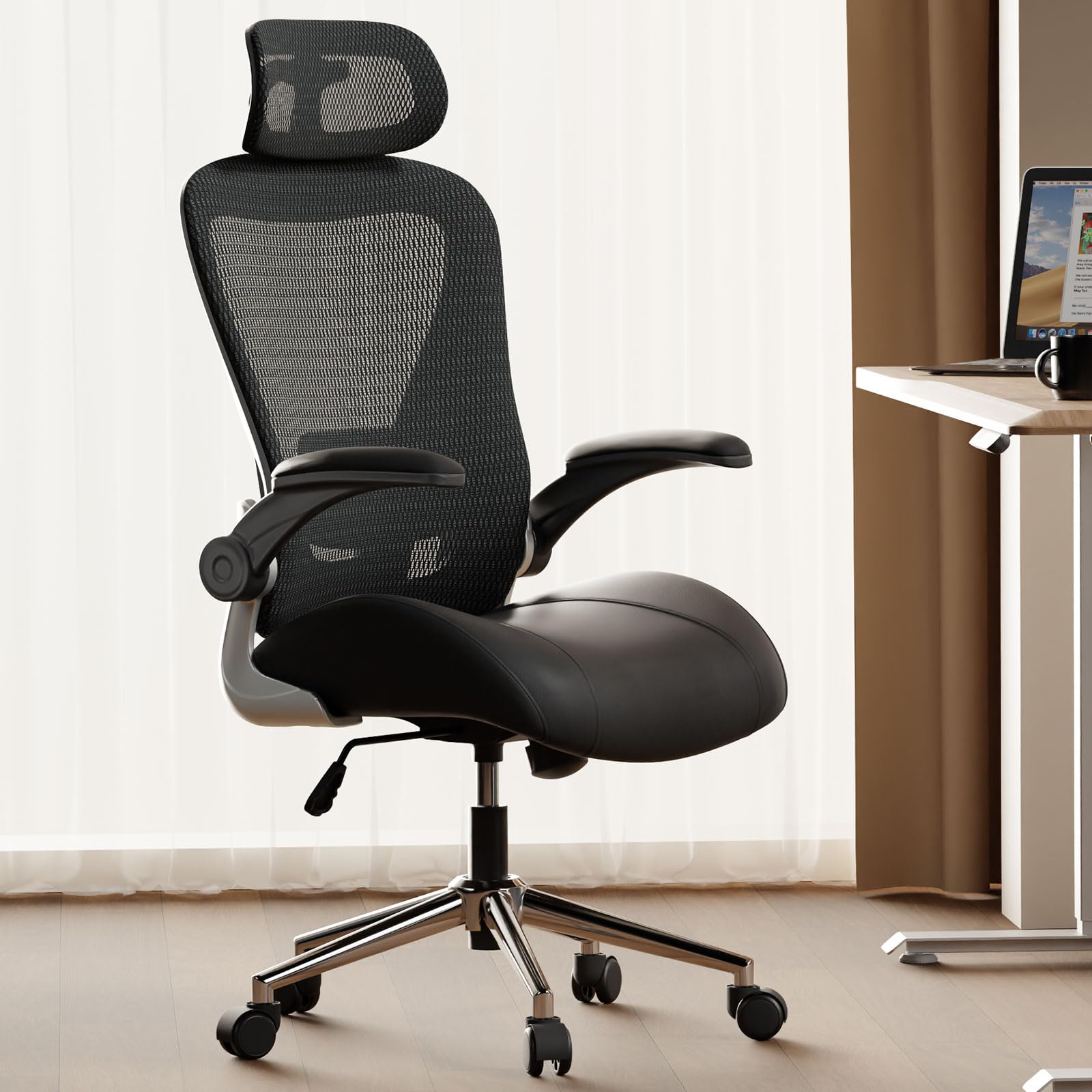 View 1 of ***MISSING HARDWARE***VOTRENIX Black Ergonomic Home Office Desk Chair, Premium Thickened Leather Curved seat with Breathable mesh Back, 3D headrest and Adjustable Lumbar Support, Ideal Chair for Office or Gaming, Black