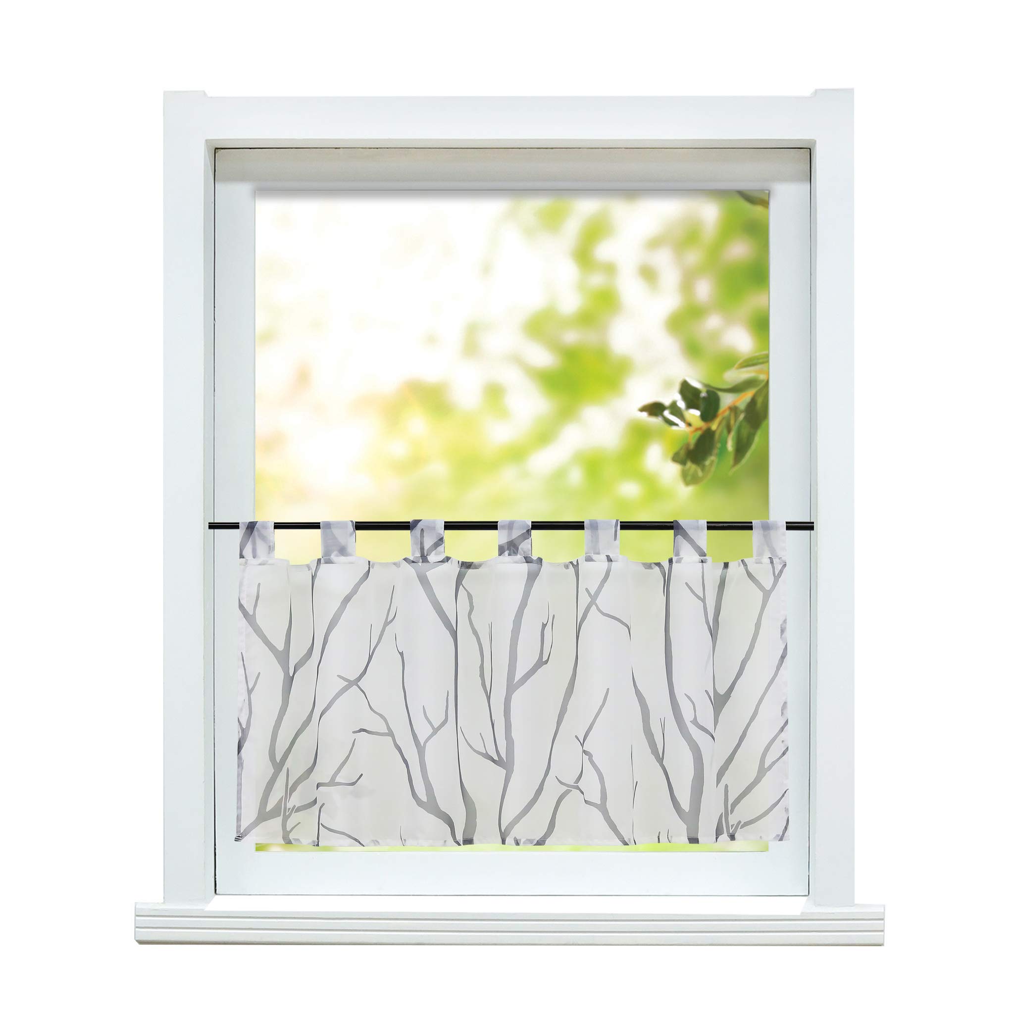 ESLIR Modern Bistro Curtain Kitchen Curtains Transparent Curtains with Loops Short Voile White/Grey H 60 x W 90 cm Pack of 1