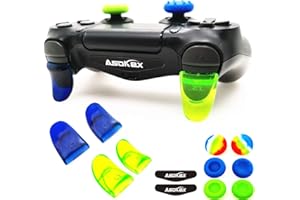 ASOKEX L2 R2 Triggers Ps4 (2 Pairs Trigger Extender,6Pcs Thumbstick Grips, 2 Pairs LED Light Bar Decal) for Ps4 Dualshock Controller(Green&Blue)