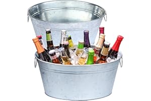 TCHRULES 3.5 Gallon Galvanized Tub Ice Bucket for Parties, 2pcs Galvanized Bucket Beverage Tub Large Metal Bucket with Handles, Tin Beverage Tub Wine Beer Drink Tub Cooler for Cocktail Bar (Galvanized Buckets)