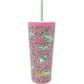 Lilly Pulitzer Double Wall Tumbler with Lid and Reusable Straw, White Plastic Cup, Insulated Travel Cup Holds 24 Ounces (Mane Character Energy)