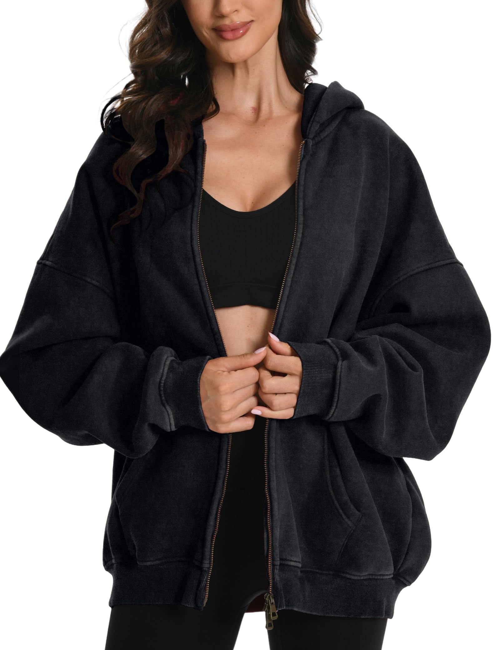 Photo 1 of FAIABLE Womens Mens Double Zip Up Hoodie Oversized Acid Wash Heavyweight Hoodies Distress Cotton Fleece Vintage Y2k Full Zipper Couples Sweatshirt Black
