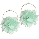 DAMLENG Lightweight Bohemian Big Fabric Flowers Dangle Drop Earrings Handmade Charm Chic Petal Hoop Earrings with Chiffon Floral Tassel for Women Vacation Wedding
