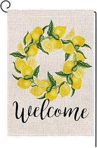 Welcome Lemon Wreath Small Garden Flag Vertical Double Sided 12.5 x 18 Inch Summer Burlap Yard Decor