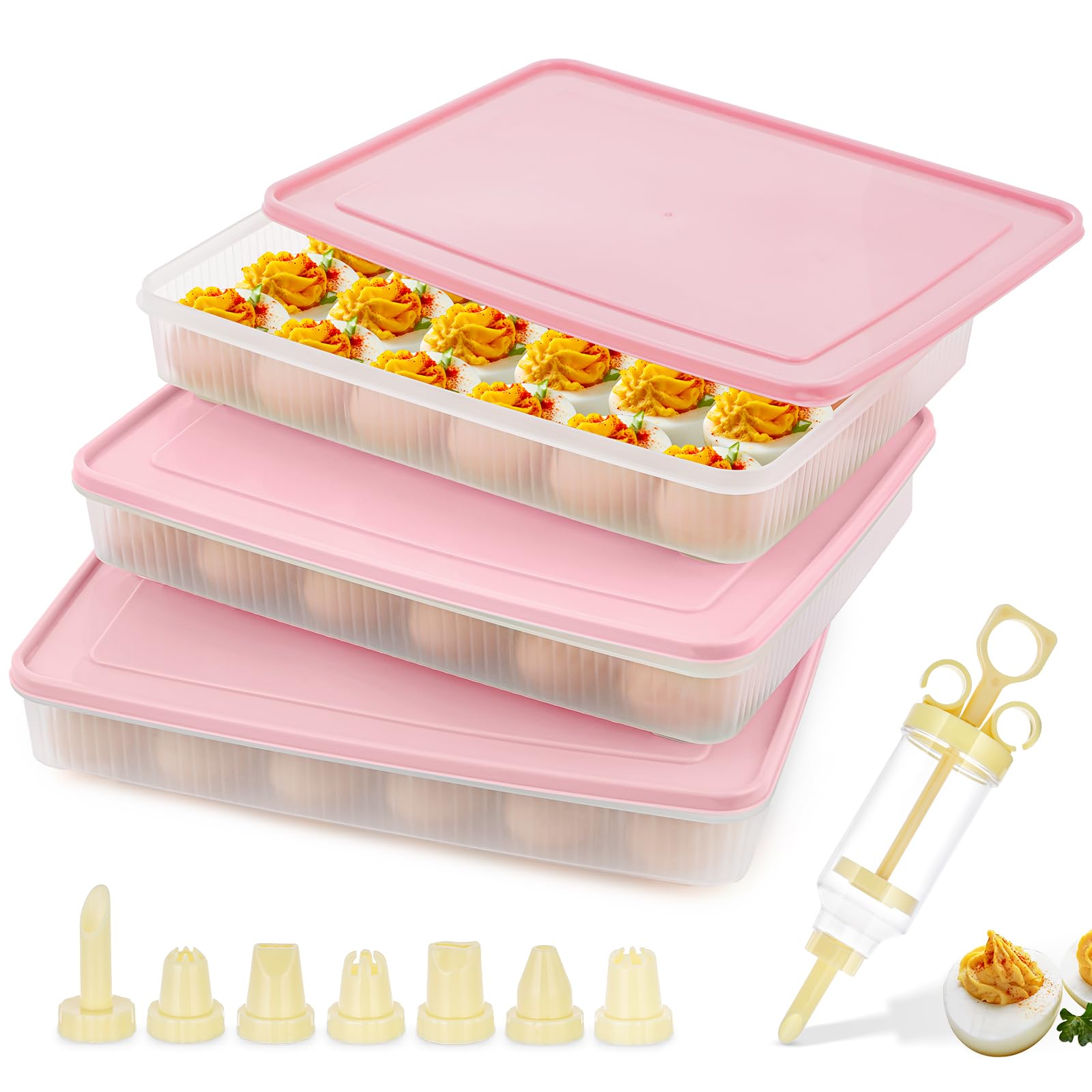 Photo 1 of 3 Pack Deviled Egg Containers with Lid and 8 Pcs Deviled Egg Injector Piping Tool, Egg Organizer for Refrigerator, Fridge Stackable Countertop Portable Egg Platter (Pink)