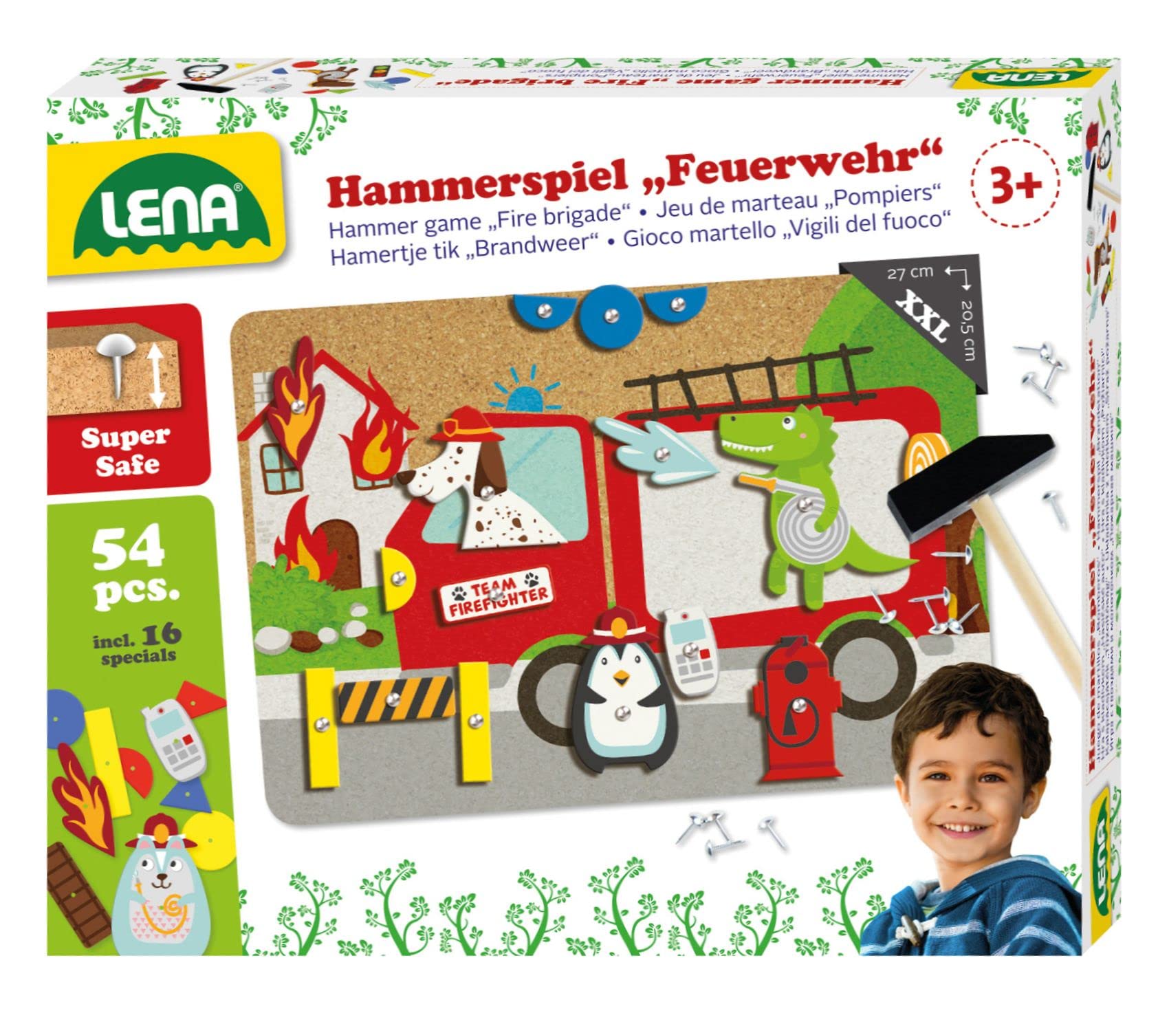 Lena 65836 Hammer Game Fire Brigade Nail Game with 38 Coloured Parts and 16 Special Pieces, XXL Cork Base Plate Approx. 28 x 19.5 cm, Hammer and Nails, Knocking Game for Children from 3 Years