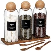 Suclain 3 Pcs Coffee Storage Jar with Ball Cork Lid Spoon, 27oz | Glass Coffee Canister Set, Wooden Tray Spoons Labels, Airti