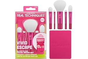 Real Techniques Vivid Escape Glow-To-Go Travel Makeup Brush 6 Piece Set, Mini Size Makeup Brushes For Eyeshadow, Concealer, Contour, & Blush, Includes Mirror Cosmetic Case, Cruelty-Free & Vegan