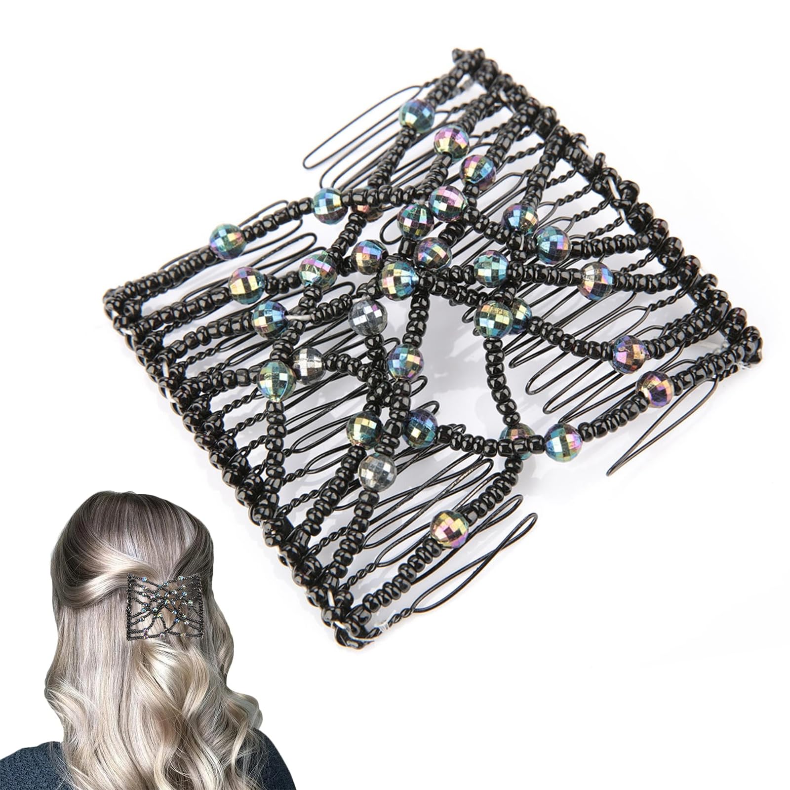 BORDSTRACT Magic Hair Comb, Elastic Beaded Double Comb Hair Clip for Long Lasting Updo Popular Hairstyles (Black)